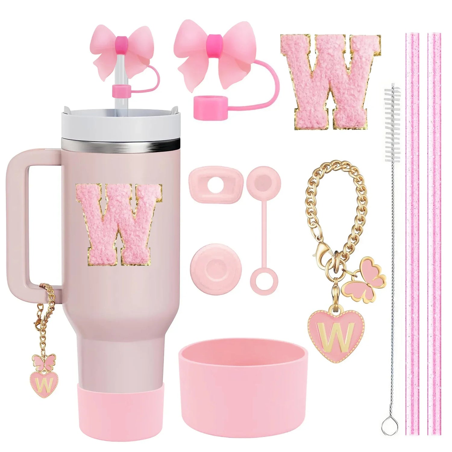 10-Piece Stanley Cup Accessories Set with Straws, Brush &amp; Flower Charms