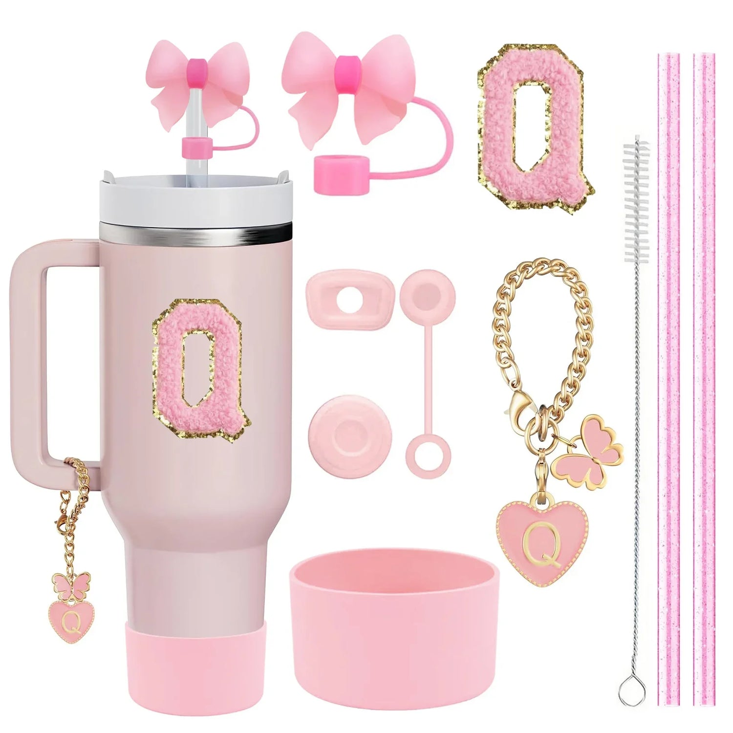 10-Piece Stanley Cup Accessories Set with Straws, Brush &amp; Flower Charms