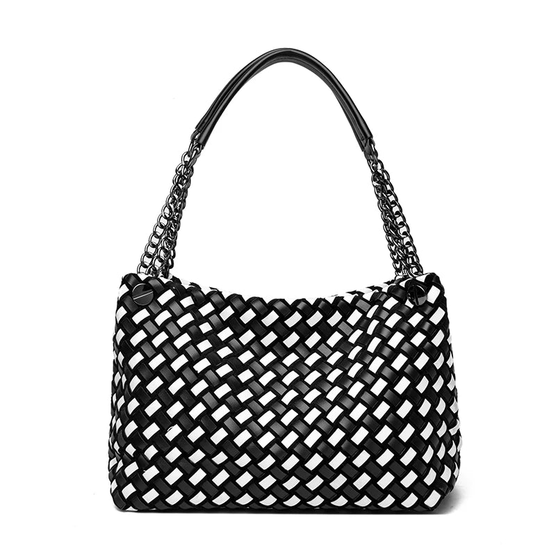 Luxury Woven PU Leather Tote &amp; Chain Shoulder Bag for Women
