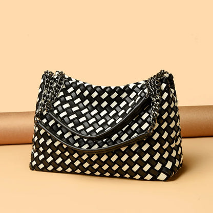 Luxury Woven PU Leather Tote &amp; Chain Shoulder Bag for Women