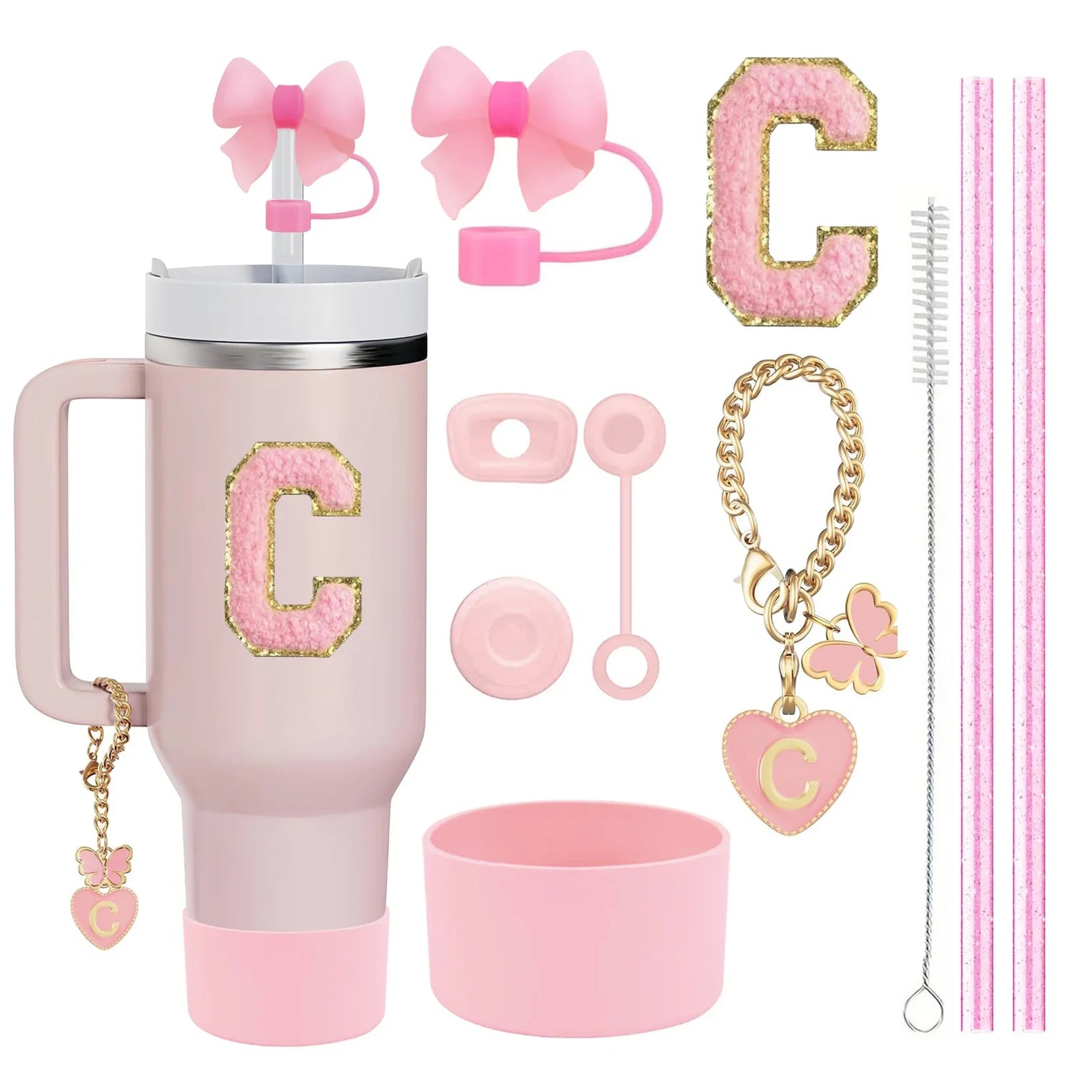 10-Piece Stanley Cup Accessories Set with Straws, Brush &amp; Flower Charms