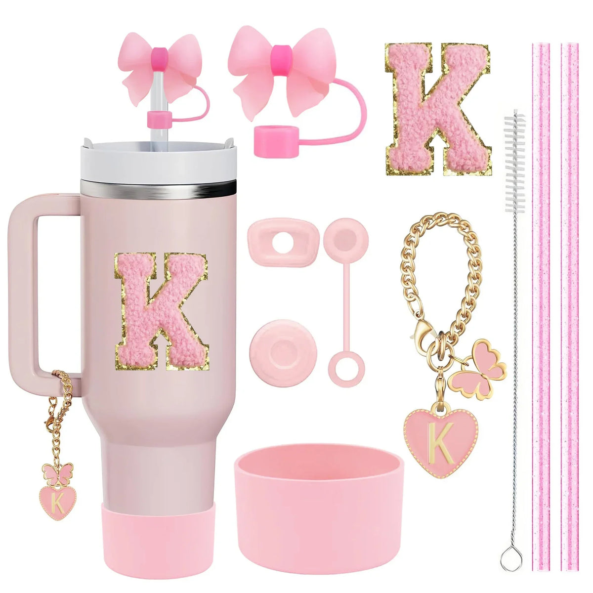 10-Piece Stanley Cup Accessories Set with Straws, Brush &amp; Flower Charms