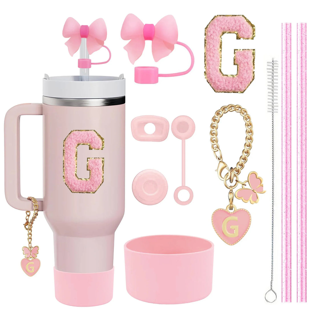 10-Piece Stanley Cup Accessories Set with Straws, Brush &amp; Flower Charms