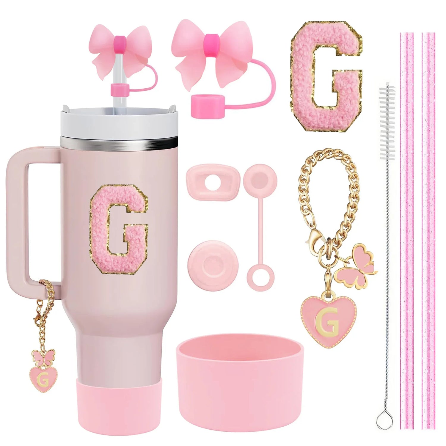 10-Piece Stanley Cup Accessories Set with Straws, Brush &amp; Flower Charms