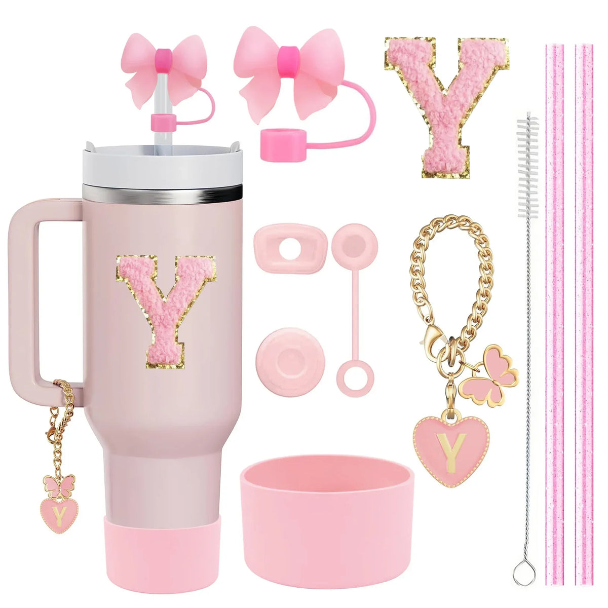 10-Piece Stanley Cup Accessories Set with Straws, Brush &amp; Flower Charms