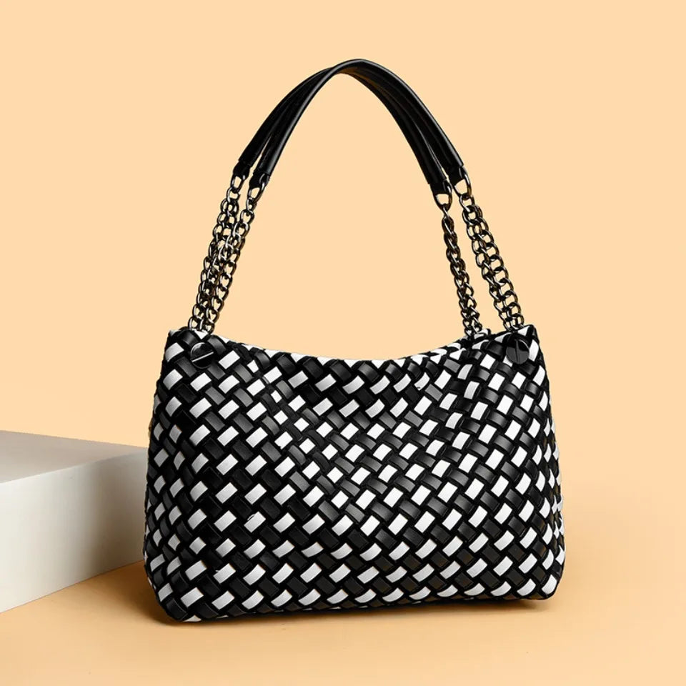 Luxury Woven PU Leather Tote &amp; Chain Shoulder Bag for Women