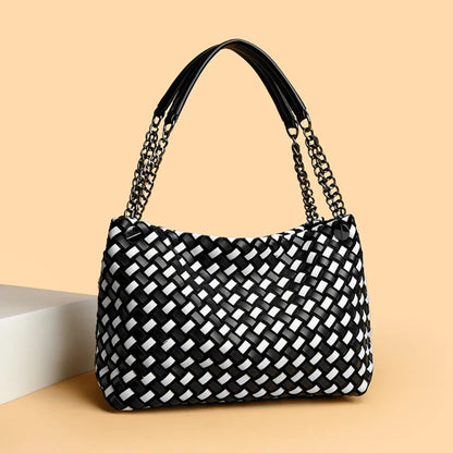Luxury Woven PU Leather Tote &amp; Chain Shoulder Bag for Women