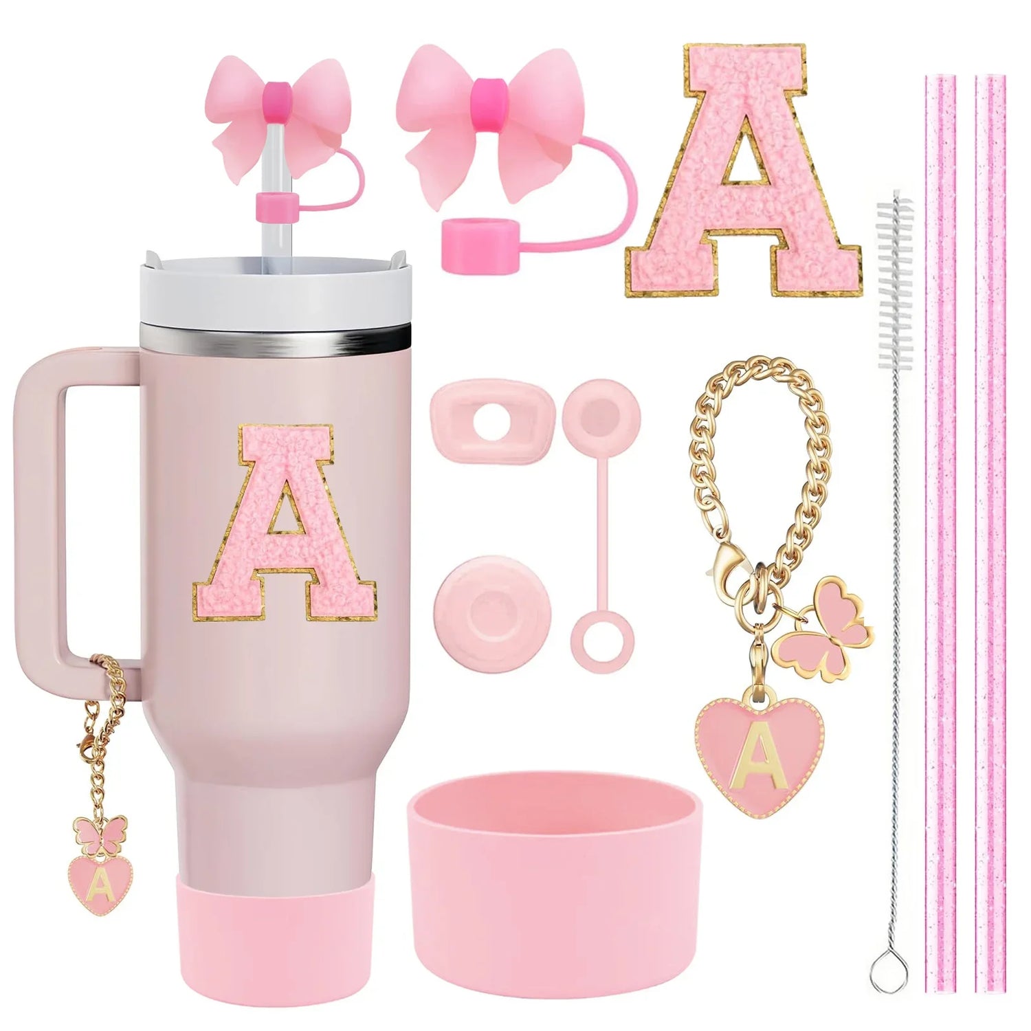 10-Piece Stanley Cup Accessories Set with Straws, Brush &amp; Flower Charms