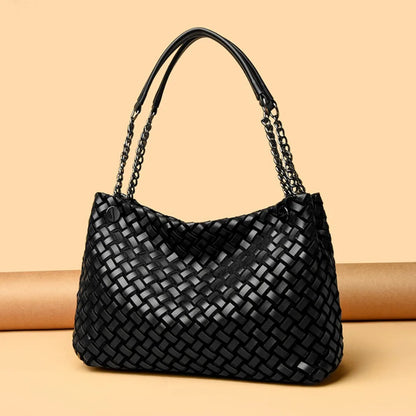 Luxury Woven PU Leather Tote &amp; Chain Shoulder Bag for Women