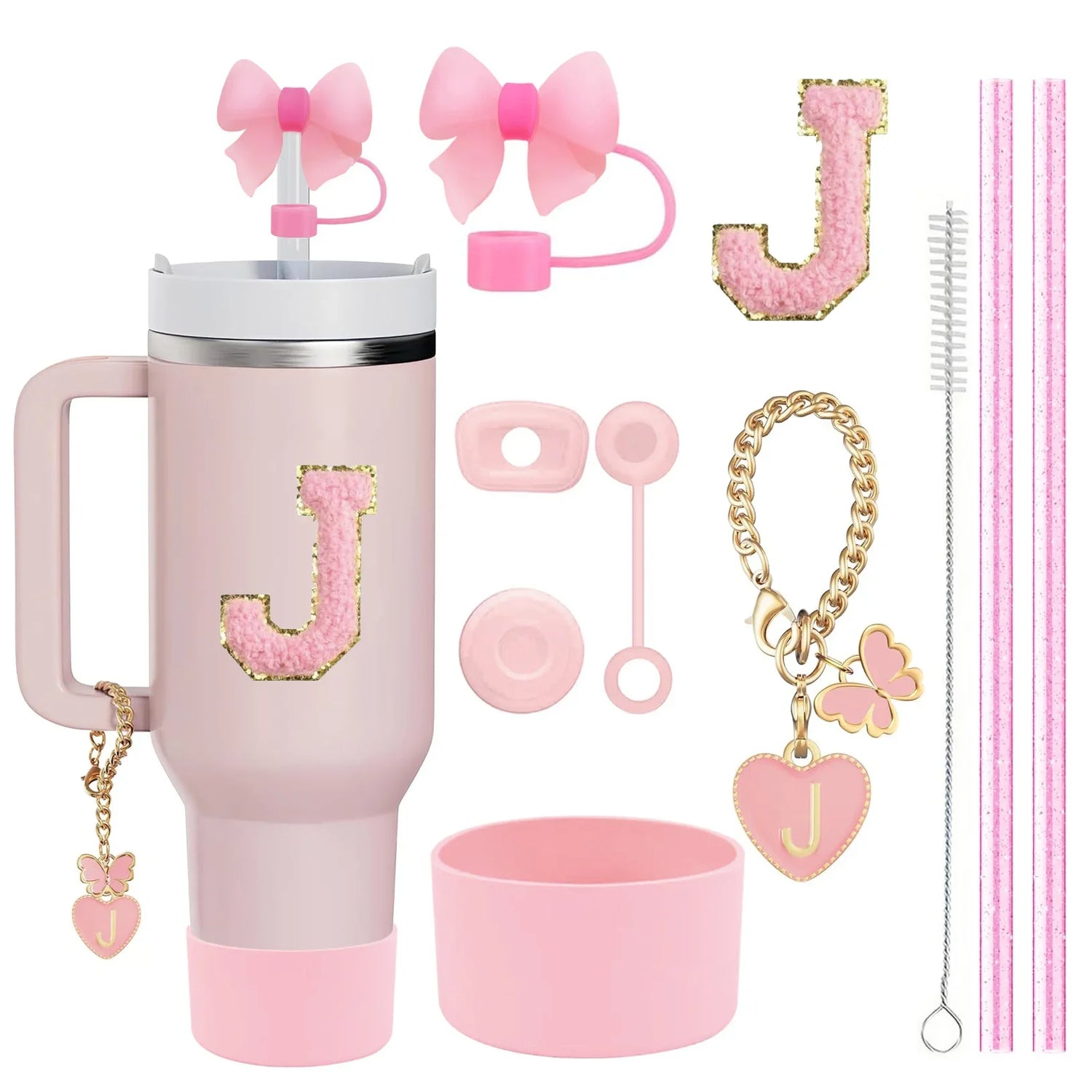 10-Piece Stanley Cup Accessories Set with Straws, Brush &amp; Flower Charms
