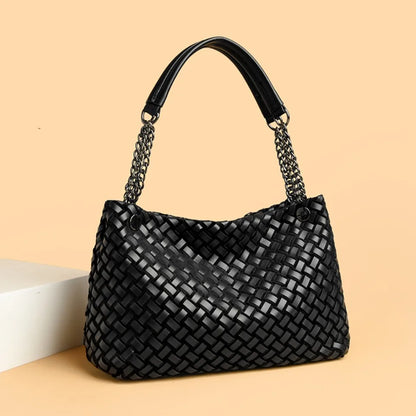 Luxury Woven PU Leather Tote &amp; Chain Shoulder Bag for Women