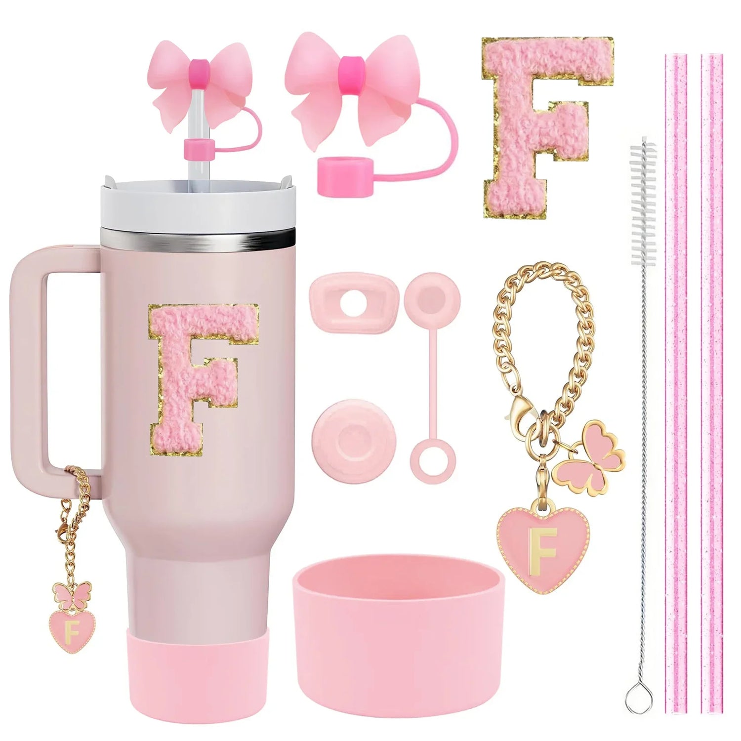 10-Piece Stanley Cup Accessories Set with Straws, Brush &amp; Flower Charms