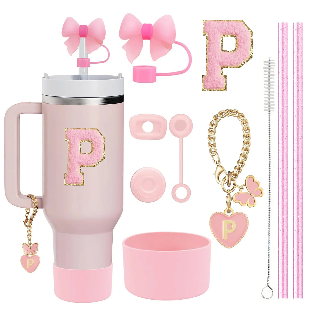 10-Piece Stanley Cup Accessories Set with Straws, Brush &amp; Flower Charms