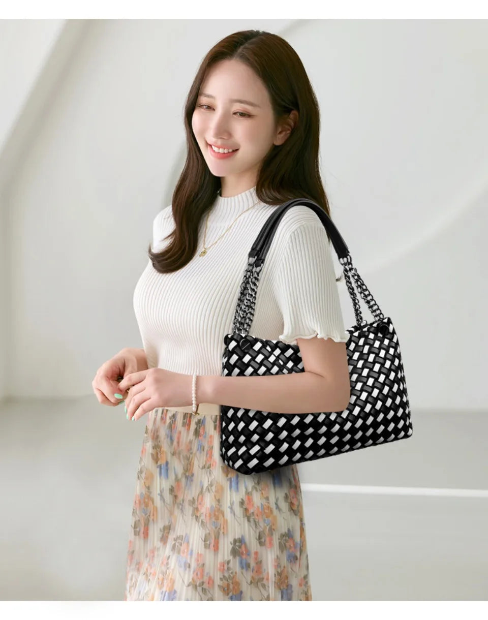 Luxury Woven PU Leather Tote &amp; Chain Shoulder Bag for Women