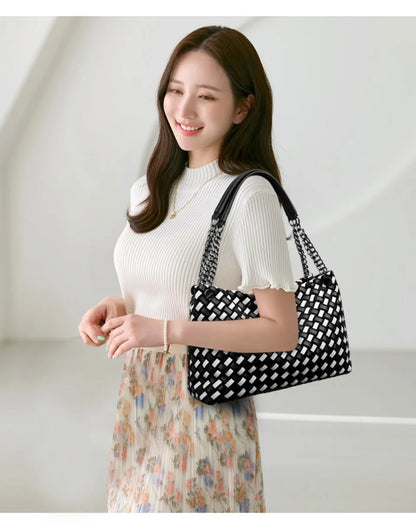 Luxury Woven PU Leather Tote &amp; Chain Shoulder Bag for Women