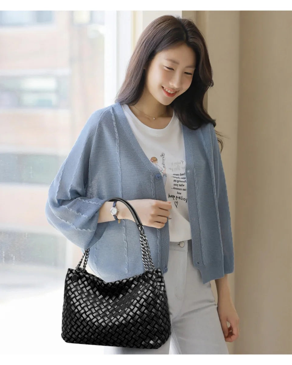 Luxury Woven PU Leather Tote &amp; Chain Shoulder Bag for Women