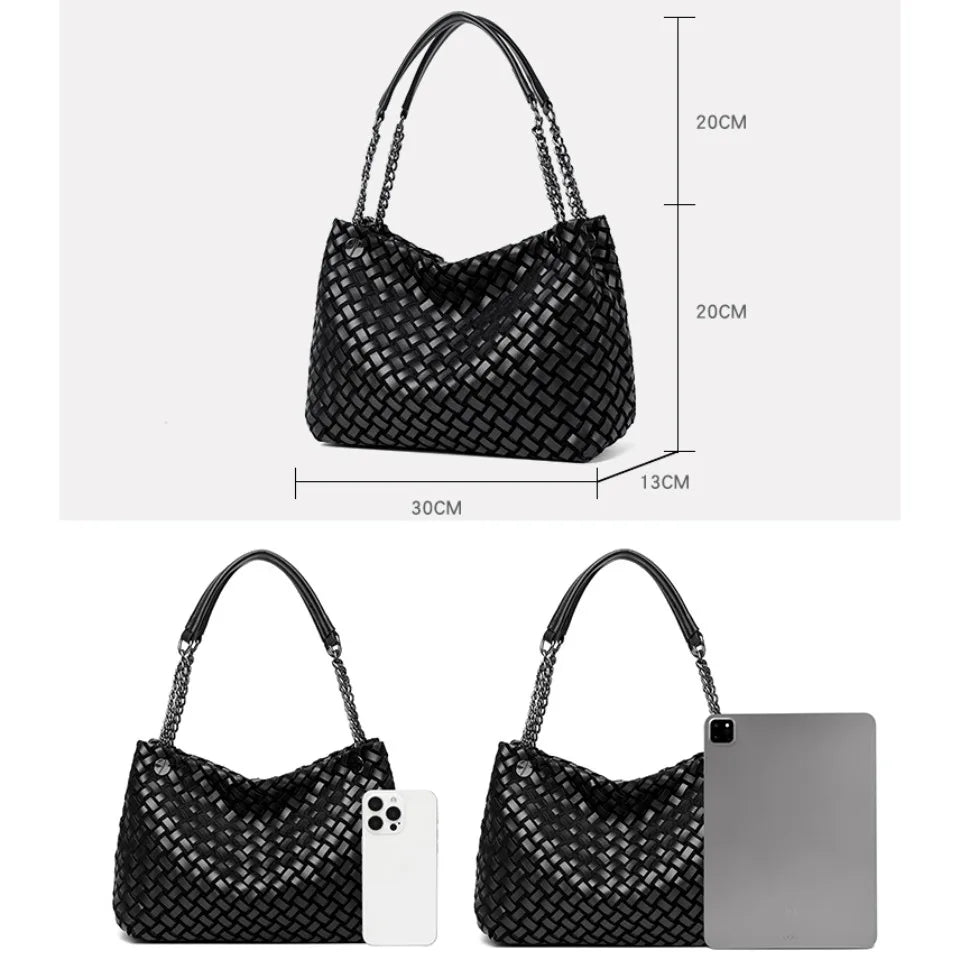 Luxury Woven PU Leather Tote &amp; Chain Shoulder Bag for Women