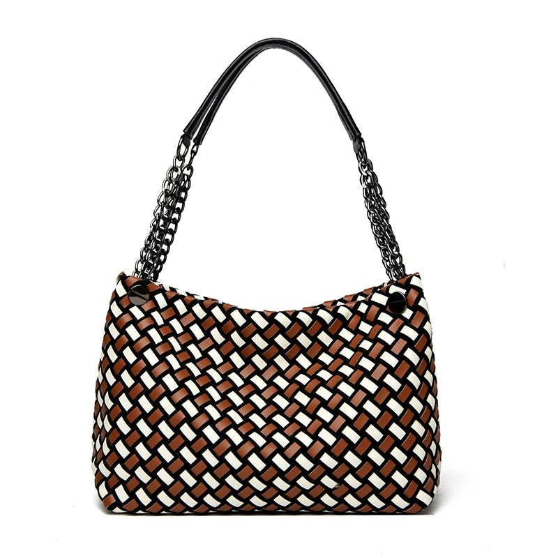 Luxury Woven PU Leather Tote &amp; Chain Shoulder Bag for Women