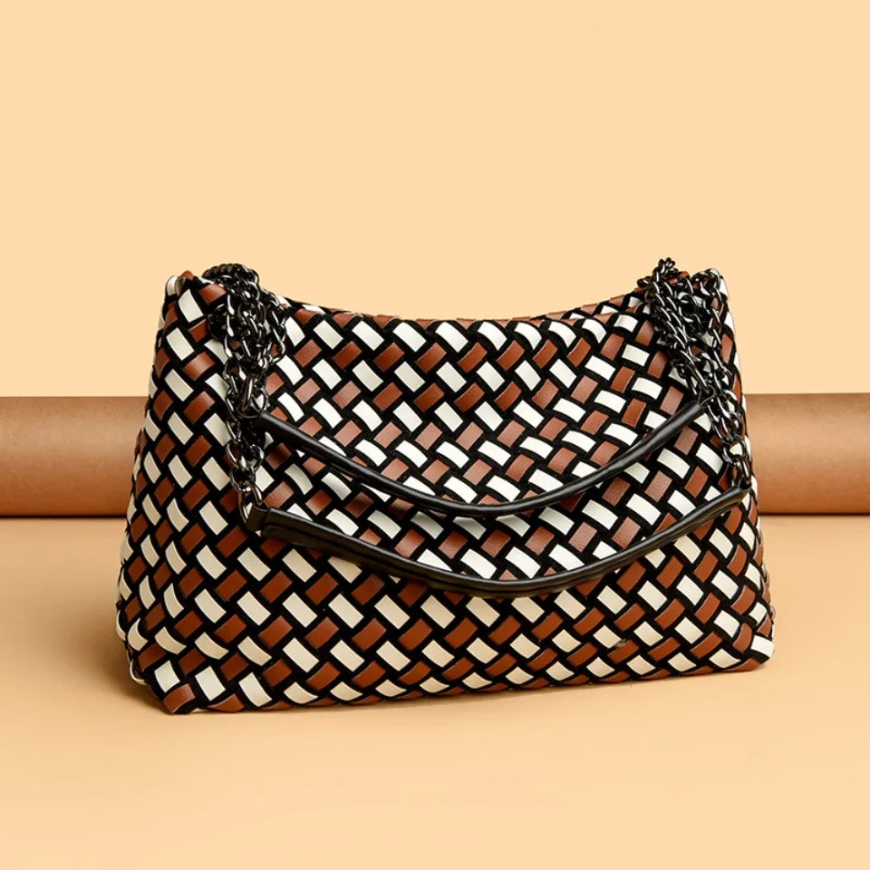 Luxury Woven PU Leather Tote &amp; Chain Shoulder Bag for Women