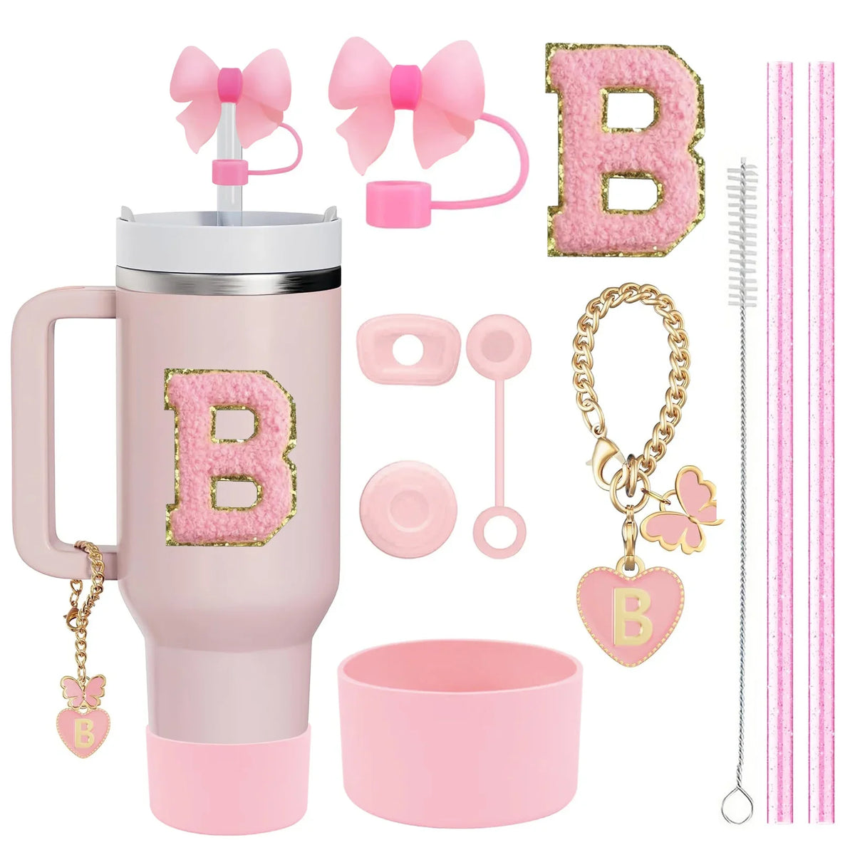 10-Piece Stanley Cup Accessories Set with Straws, Brush &amp; Flower Charms