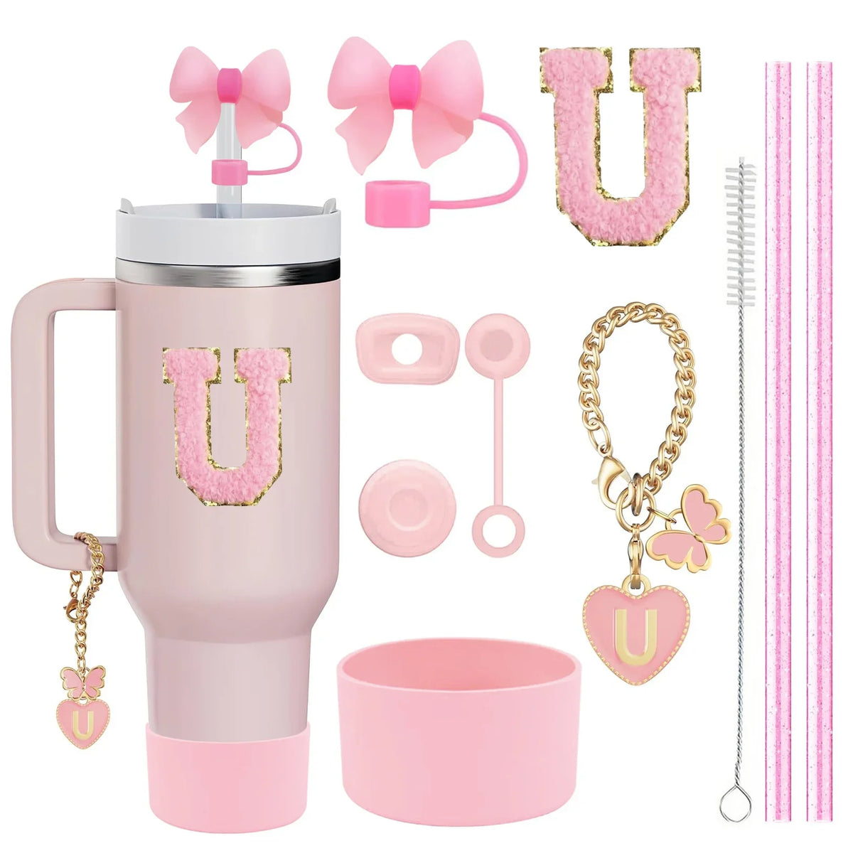 10-Piece Stanley Cup Accessories Set with Straws, Brush &amp; Flower Charms