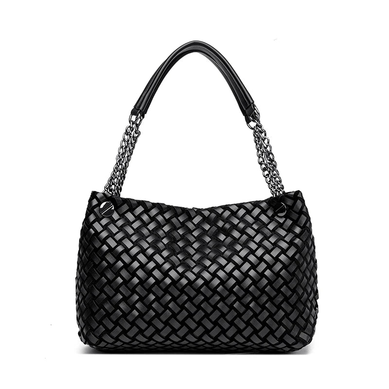 Luxury Woven PU Leather Tote &amp; Chain Shoulder Bag for Women