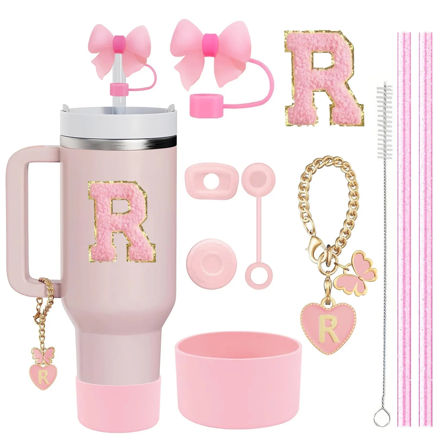 10-Piece Stanley Cup Accessories Set with Straws, Brush &amp; Flower Charms