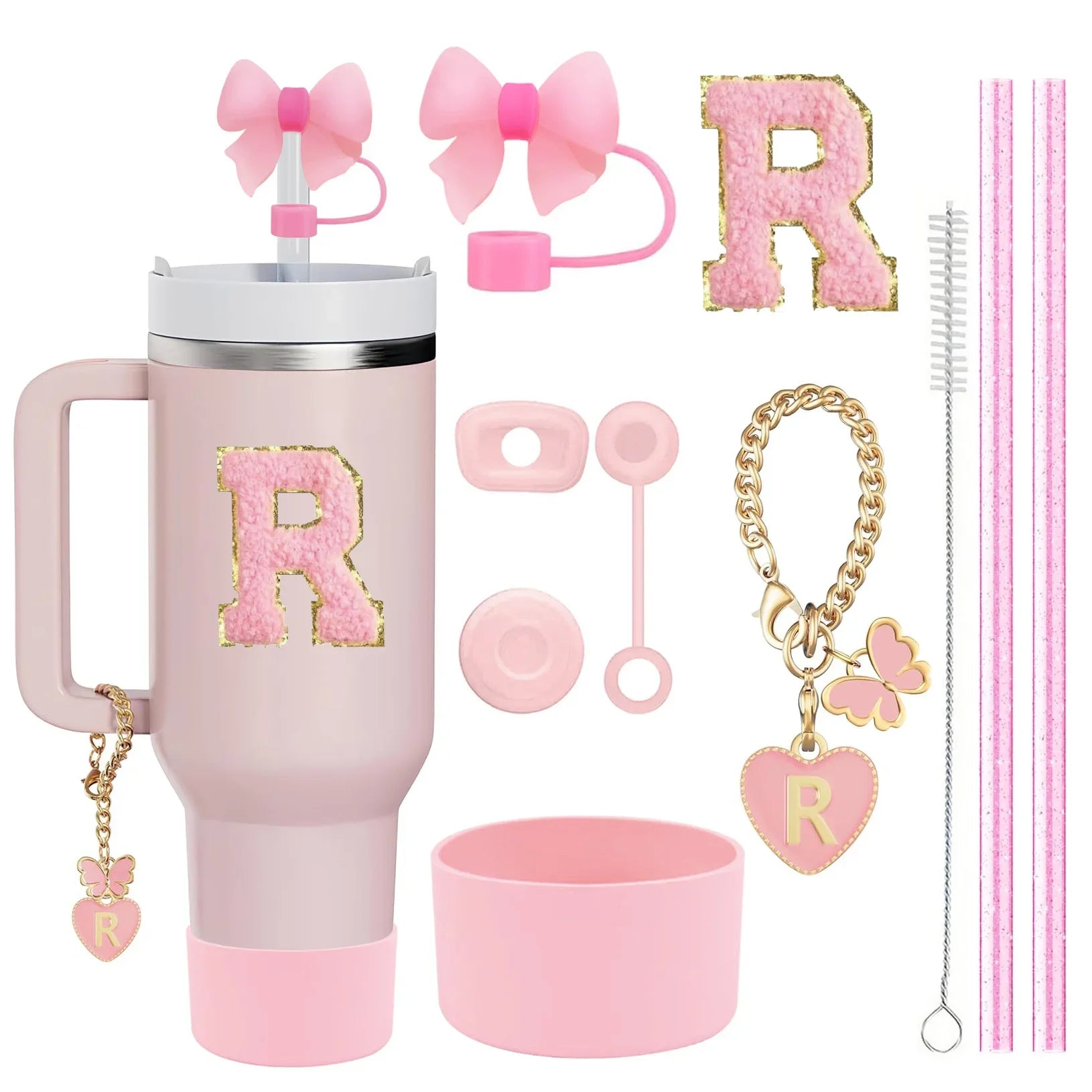 10PCS Accessories Set for Stanley Cup, 2 Straw and Brush and 1 Flower Charm Chain 3 Spill Proof Stopper Flowers Straw Cover Boot