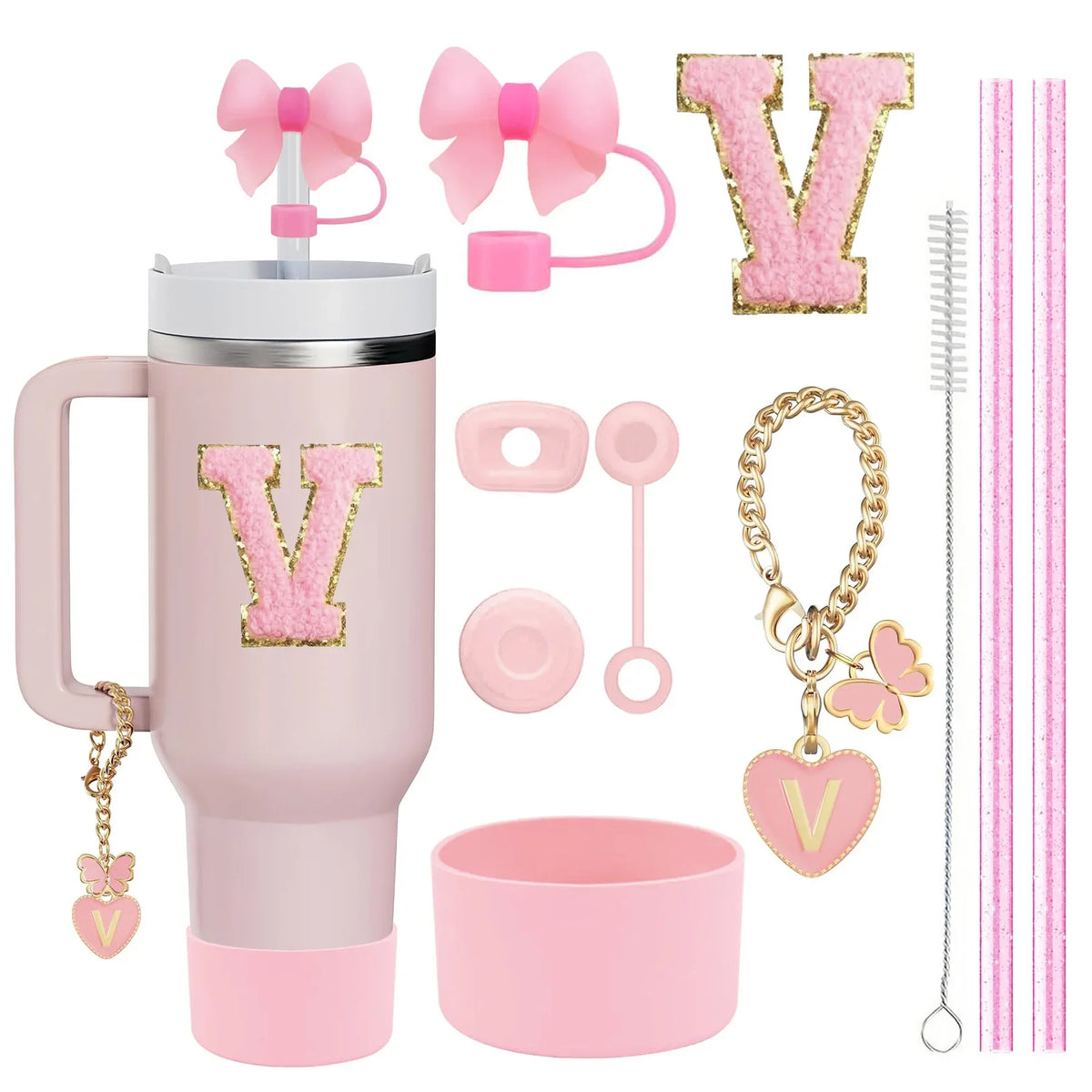10-Piece Stanley Cup Accessories Set with Straws, Brush &amp; Flower Charms