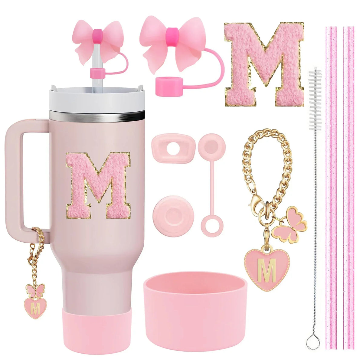 10-Piece Stanley Cup Accessories Set with Straws, Brush &amp; Flower Charms
