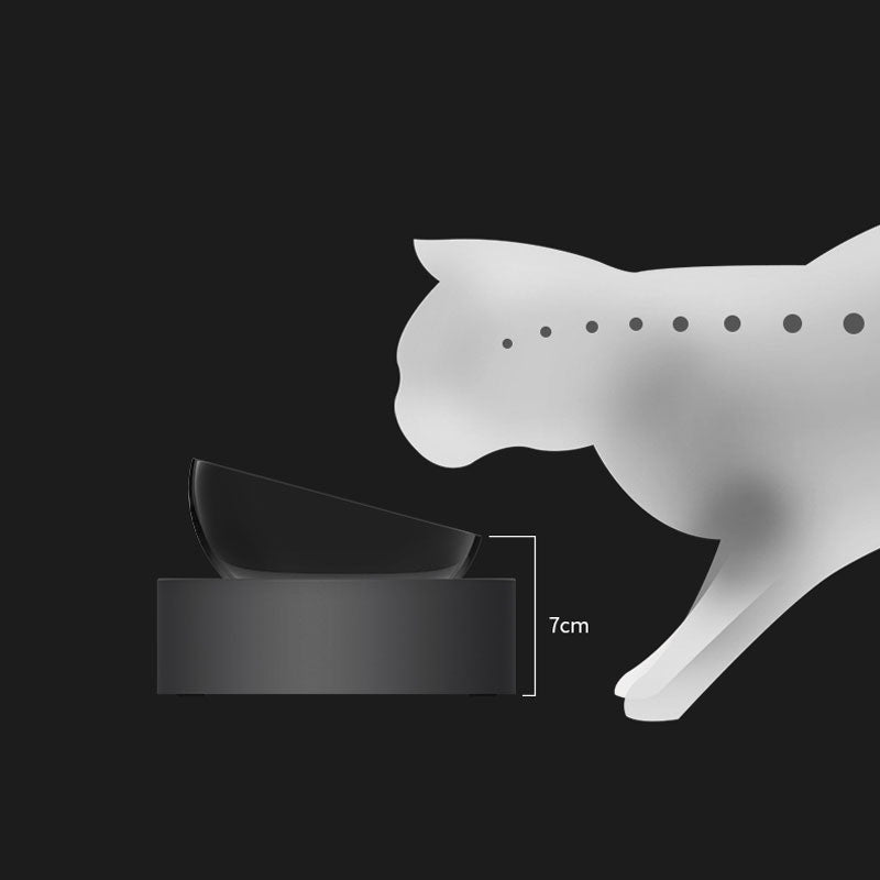 Black pet bowl with a cat illustration showing its height on a black background
