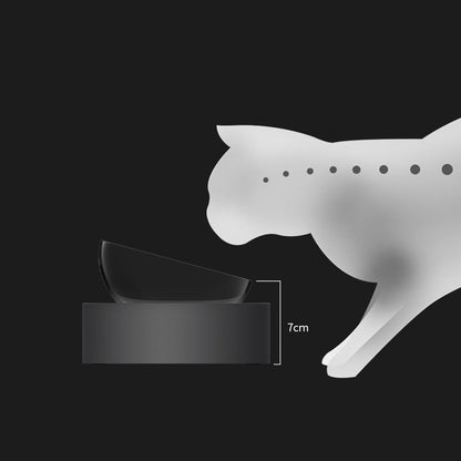 Black pet bowl with a cat illustration showing its height on a black background