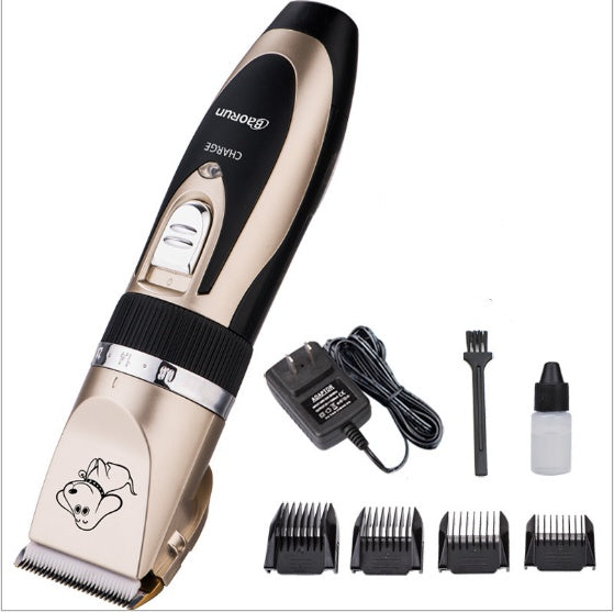 Pet grooming clipper set with attachments on a white background