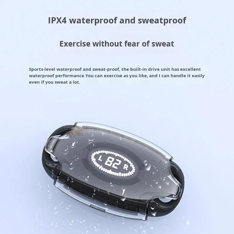 A waterproof digital heart rate monitor with a clear protective cover and black edges, shown on a light blue background with descriptive text about IPX4 waterproof and sweatproof performance.