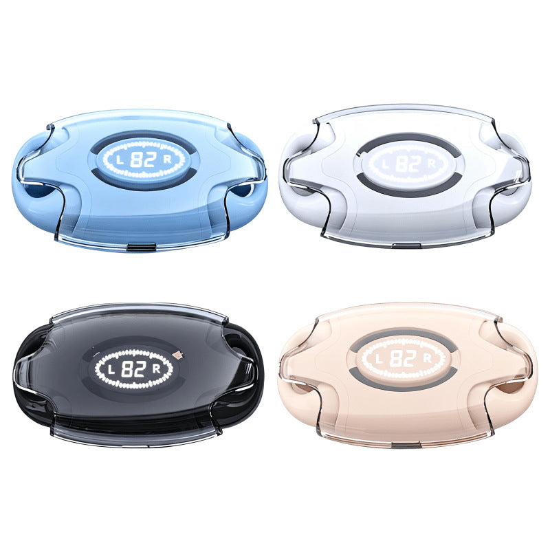 Four oval-shaped electronic device cases shown in a 2x2 grid on a white background, featuring light blue, white, black, and beige color options. Each case has a clear outer shell and a central circular display showing &