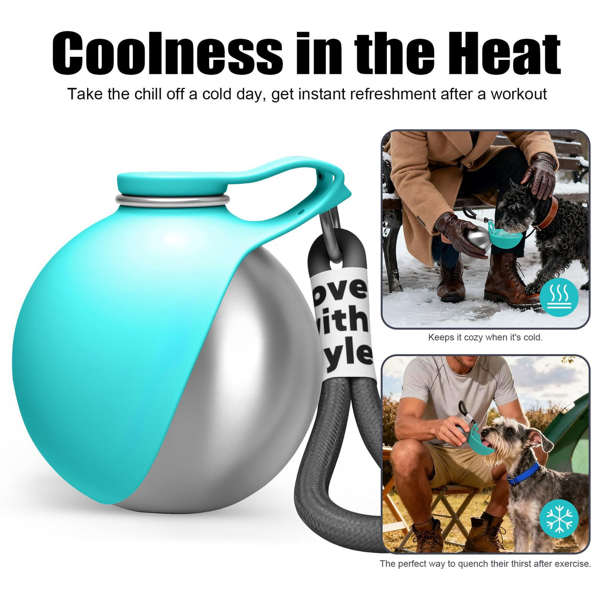 Turquoise and silver dog water bottle with text &