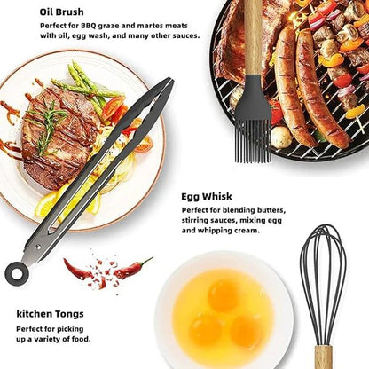 Set of kitchen utensils including oil brush, egg whisk, and tongs with food preparation images.