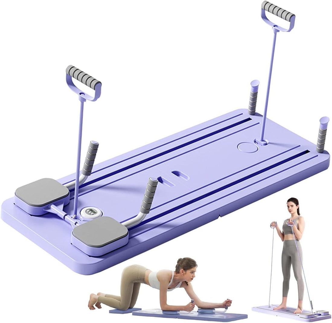 Purple exercise board with handles and a woman using it on a white background
