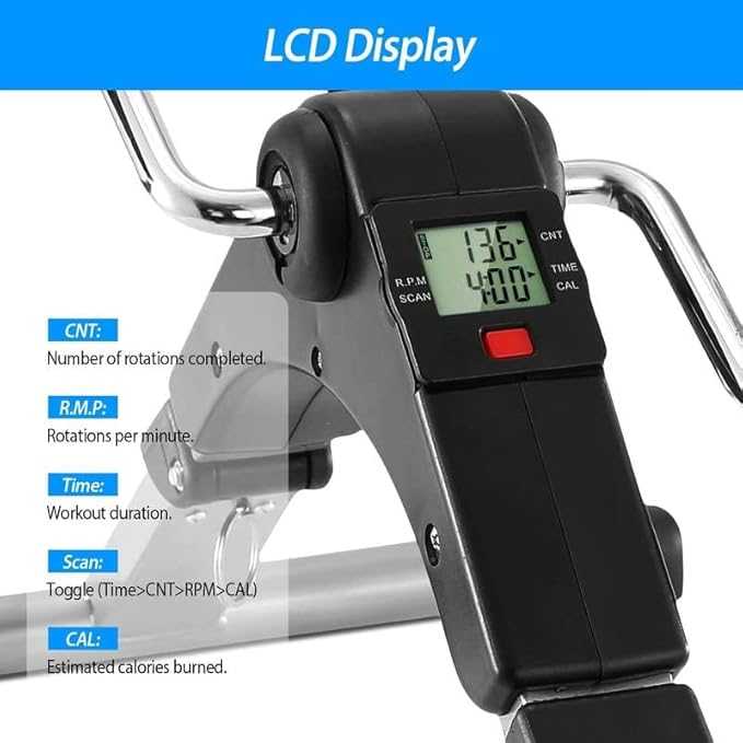 Digital display on a piece of exercise equipment with labeled functions.