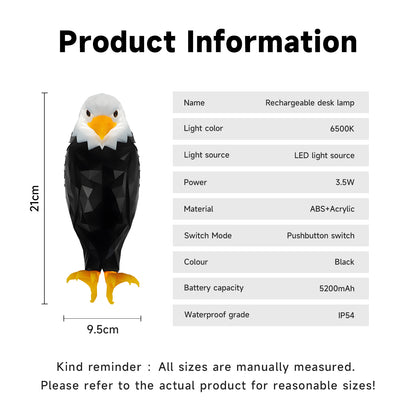 Product information graphic showing a small eagle-shaped desk lamp with dimensions labeled 21 cm tall and 9.5 cm wide, plus a specifications table listing name, light color, light source, power, material, switch mode, color, battery capacity, and waterproof grade.