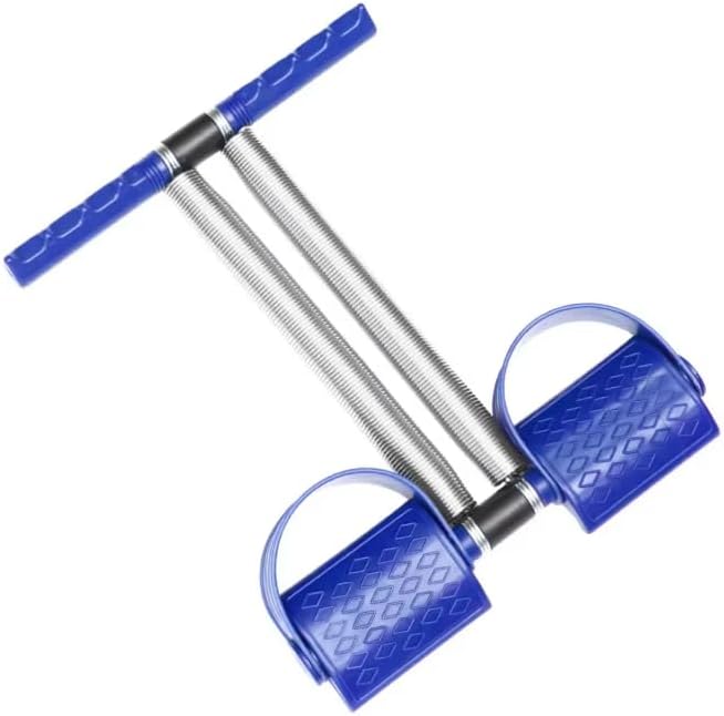 A blue and silver abdominal exercise roller with textured handles and footrests, isolated on a white background.