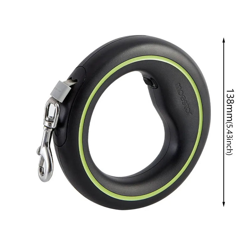 A black retractable dog leash with a lime green accent ring and a silver metal clasp, shown on a white background with a vertical dimension marker indicating 138mm (5.43 inches).