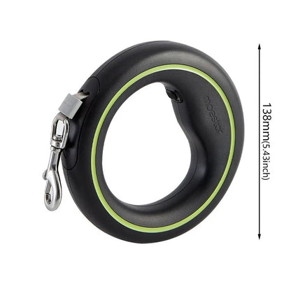 A black retractable dog leash with a lime green accent ring and a silver metal clasp, shown on a white background with a vertical dimension marker indicating 138mm (5.43 inches).