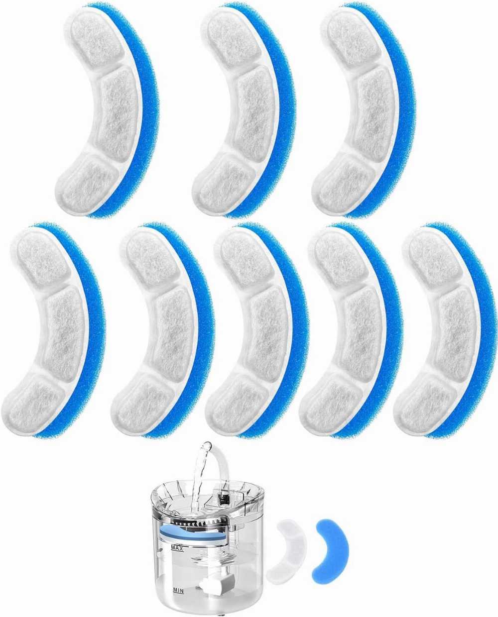 Cat Water Fountain Replacement Filters 8-Pack – 3-Layer Activated Carbon Filter for Automatic Pet Dispensers