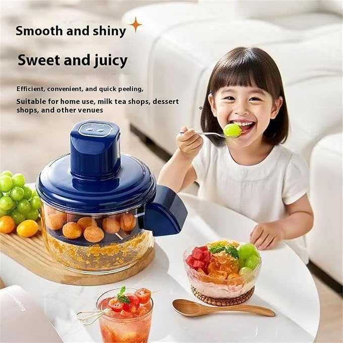 Child eating a bowl of fruit salad with a smoothie maker and fruits on a table.
