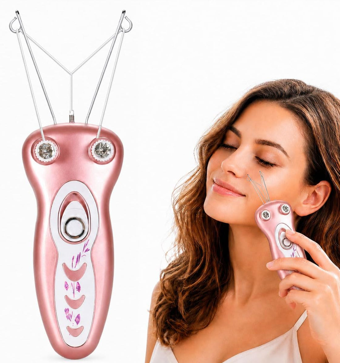 A pink handheld beauty device with metal wire arms is shown on the left, and a woman on the right uses the same device on her face against a white background.