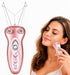 A pink handheld beauty device with metal wire arms is shown on the left, and a woman on the right uses the same device on her face against a white background.