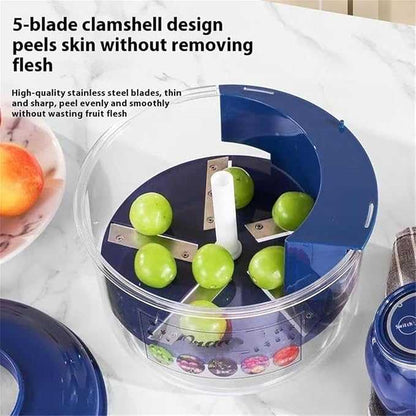 Apple peeling device with 5 blades on a white surface