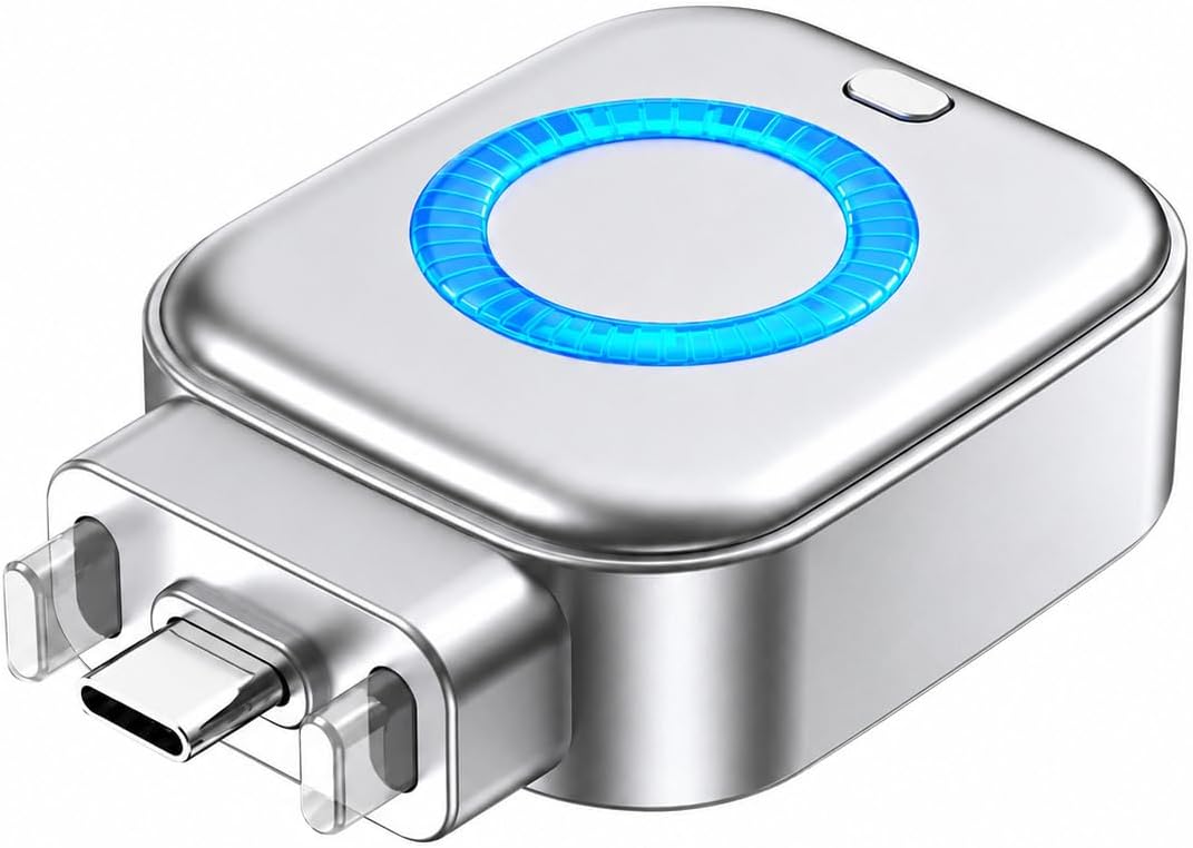 A silver metallic USB-C power adapter with a glowing blue circular indicator light on top, shown on a plain white background.