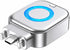 A silver metallic USB-C power adapter with a glowing blue circular indicator light on top, shown on a plain white background.